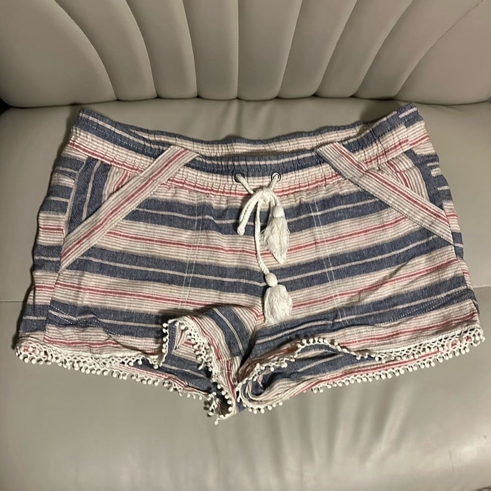 Rewind Linen Blend Shorts Lace Trim Blue Red Boho Summer M